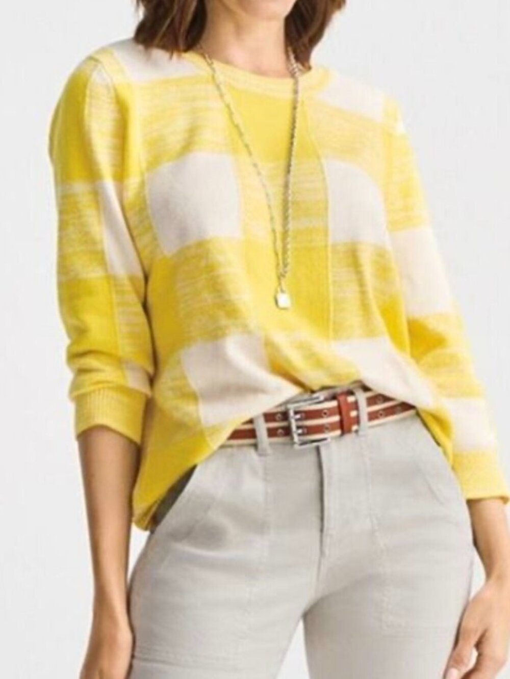 Cabi Checkerboard sweater yellow white boxy pullover yellow white square new S